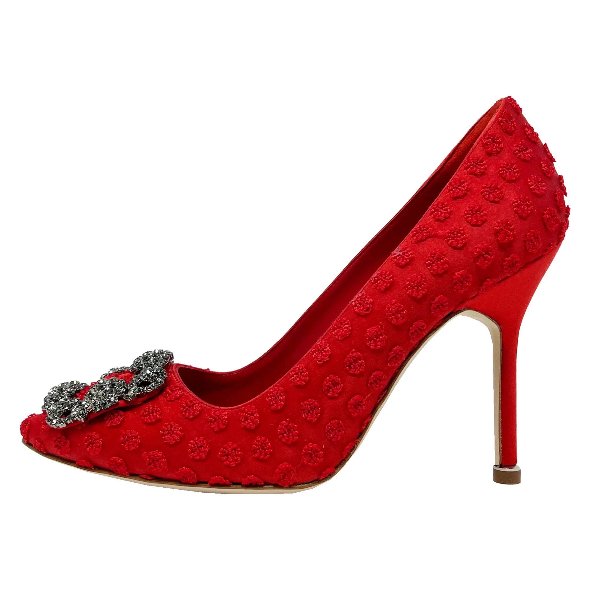 Manolo Blahnik Red Textured Satin Hangisi Crystal Buckle Pointed Toe Heels Pumps Size EU 36.5