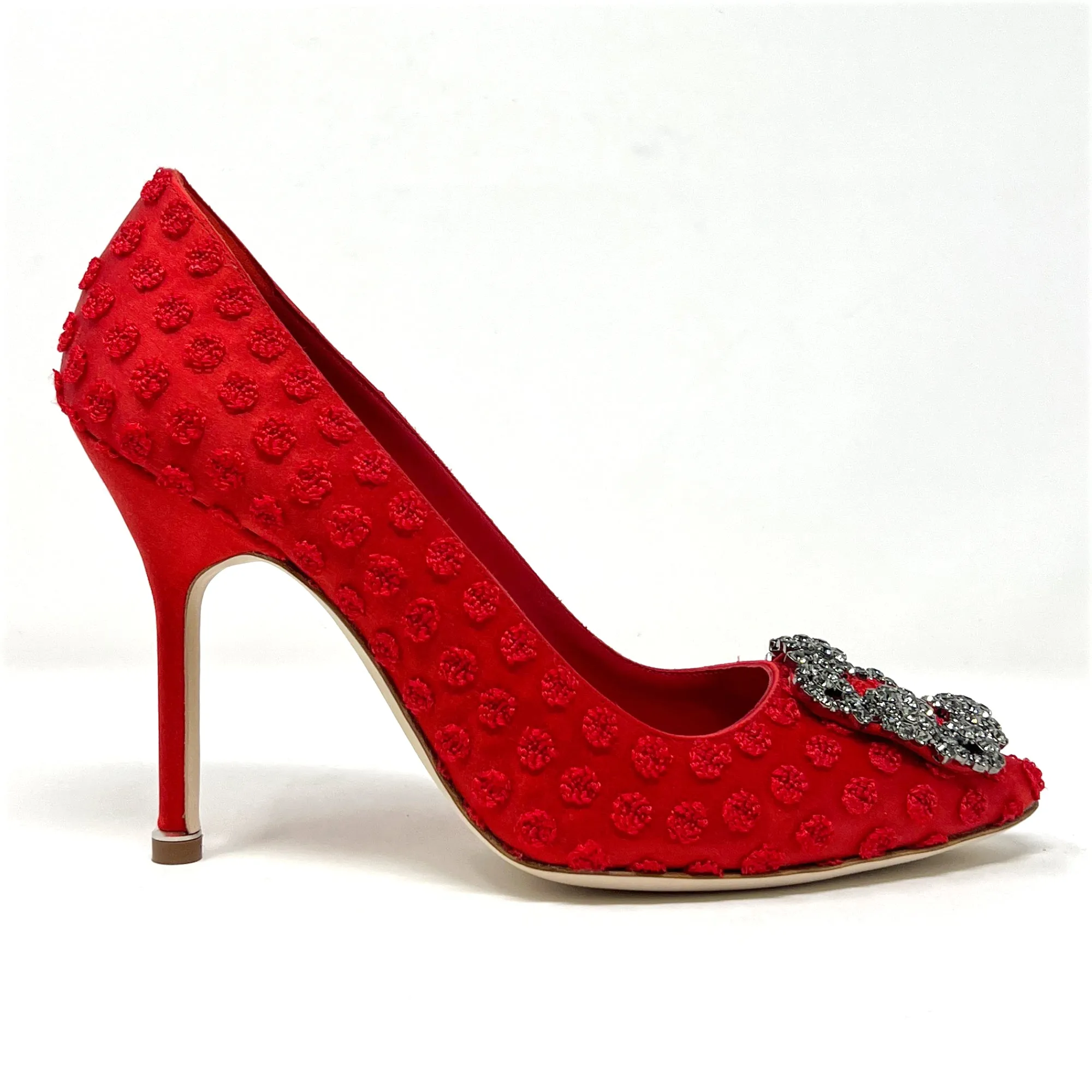 Manolo Blahnik Red Textured Satin Hangisi Crystal Buckle Pointed Toe Heels Pumps Size EU 36.5