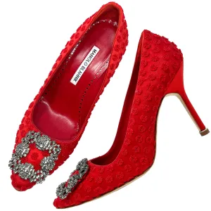 Manolo Blahnik Red Textured Satin Hangisi Crystal Buckle Pointed Toe Heels Pumps Size EU 36.5