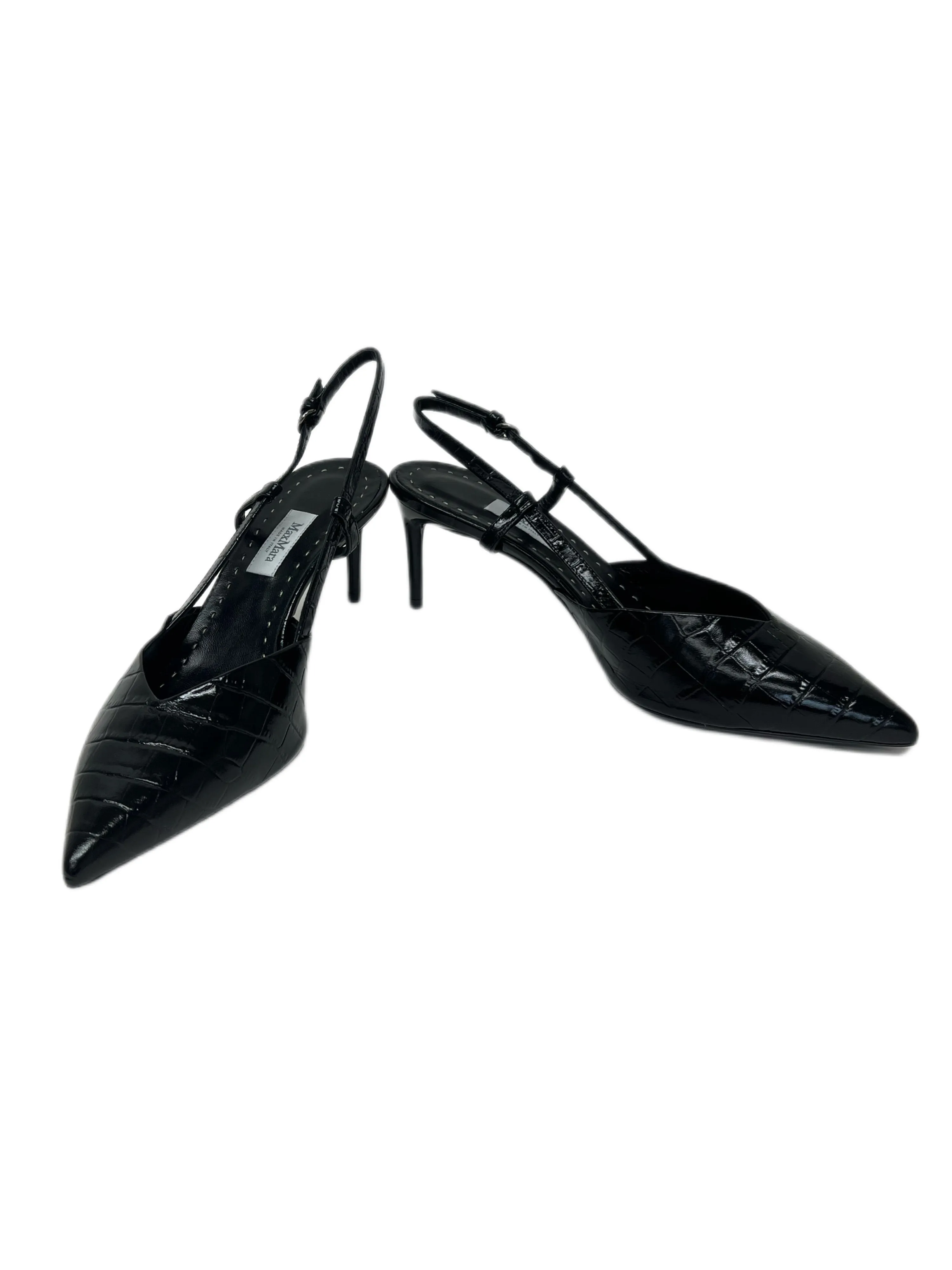 Max Mara Women's Nero Caliya Croc Embossed Slingback Leather Pumps Size 7.5 NWT