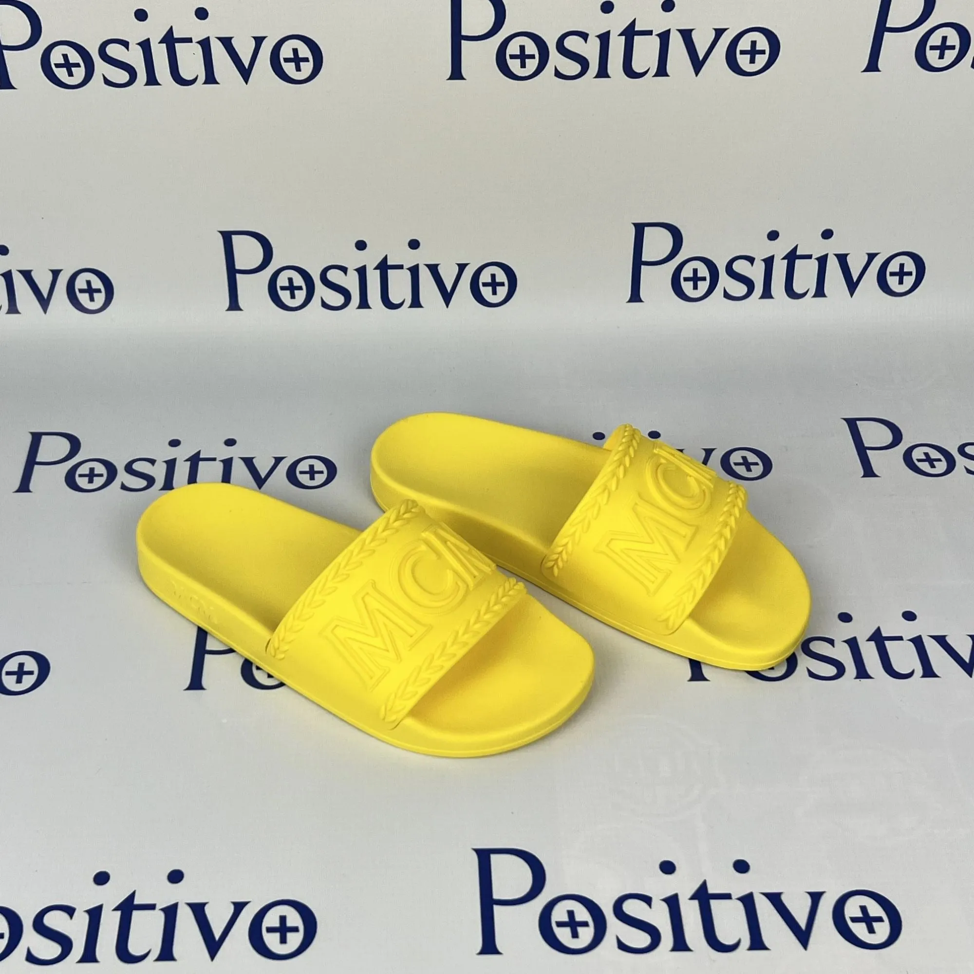 MCM Womens Yellow Big Logo Rubber Slides