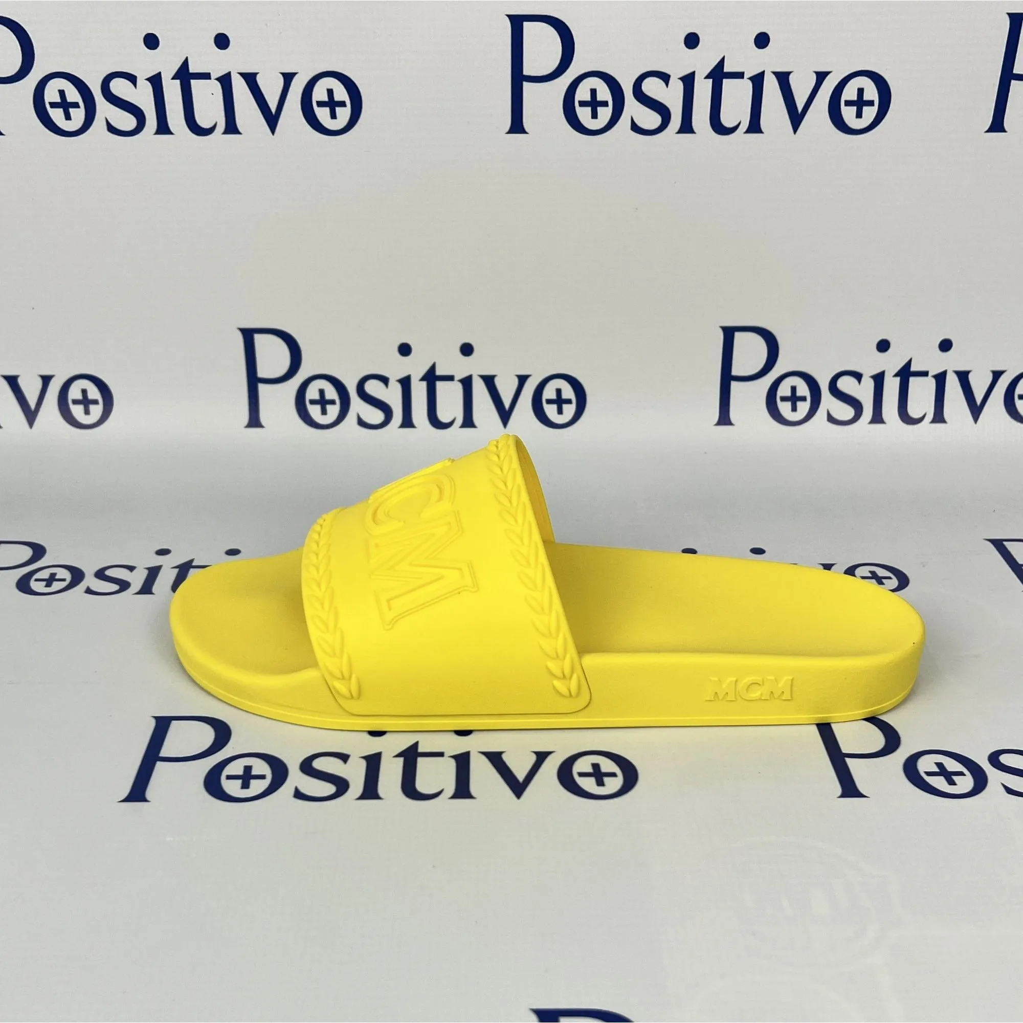 MCM Womens Yellow Big Logo Rubber Slides