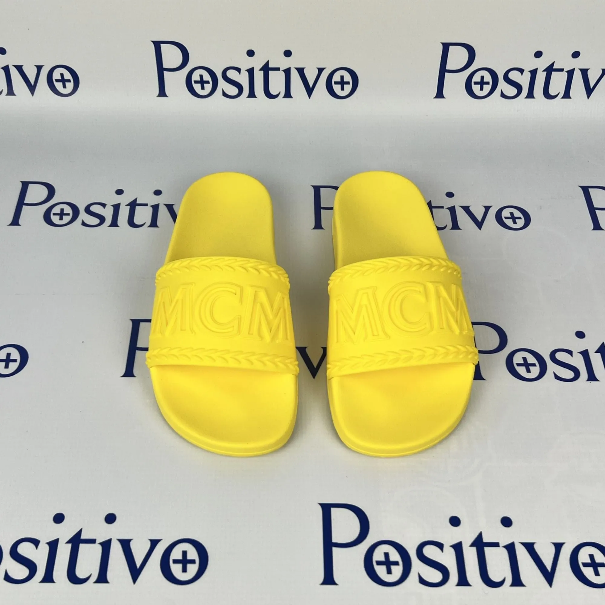 MCM Womens Yellow Big Logo Rubber Slides