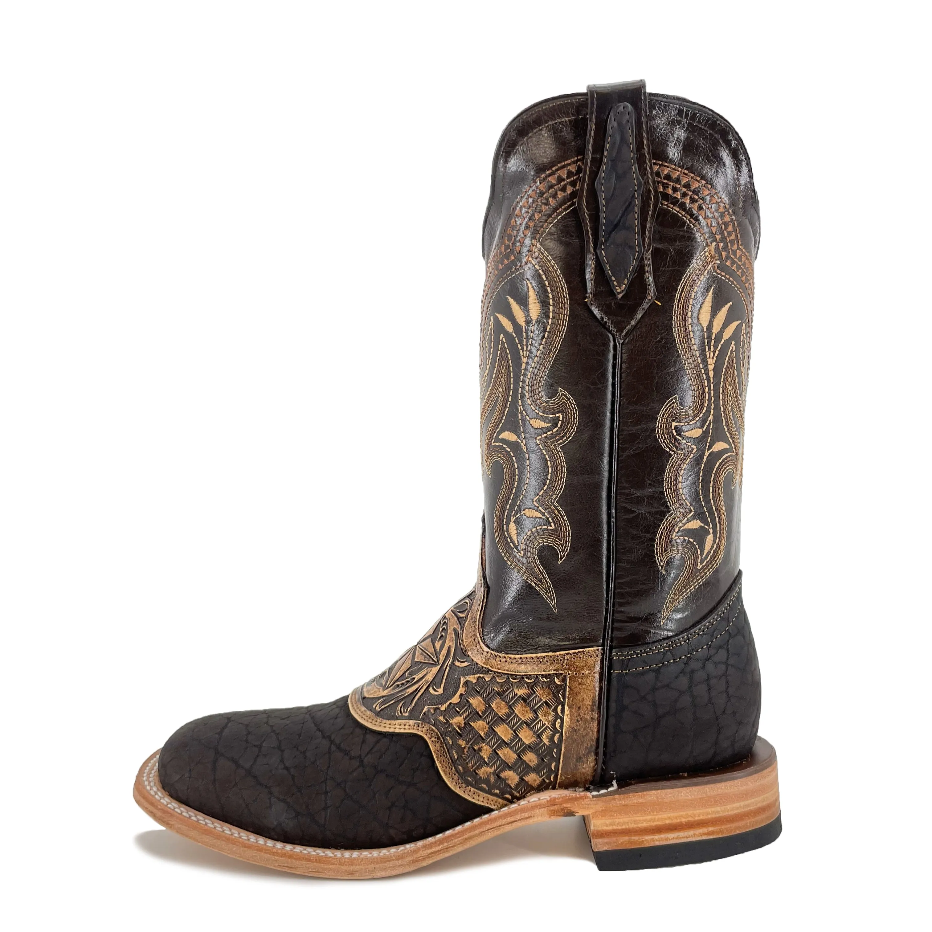 Men's Boots Hand Tooled Square Toe - Bull Neck Brown