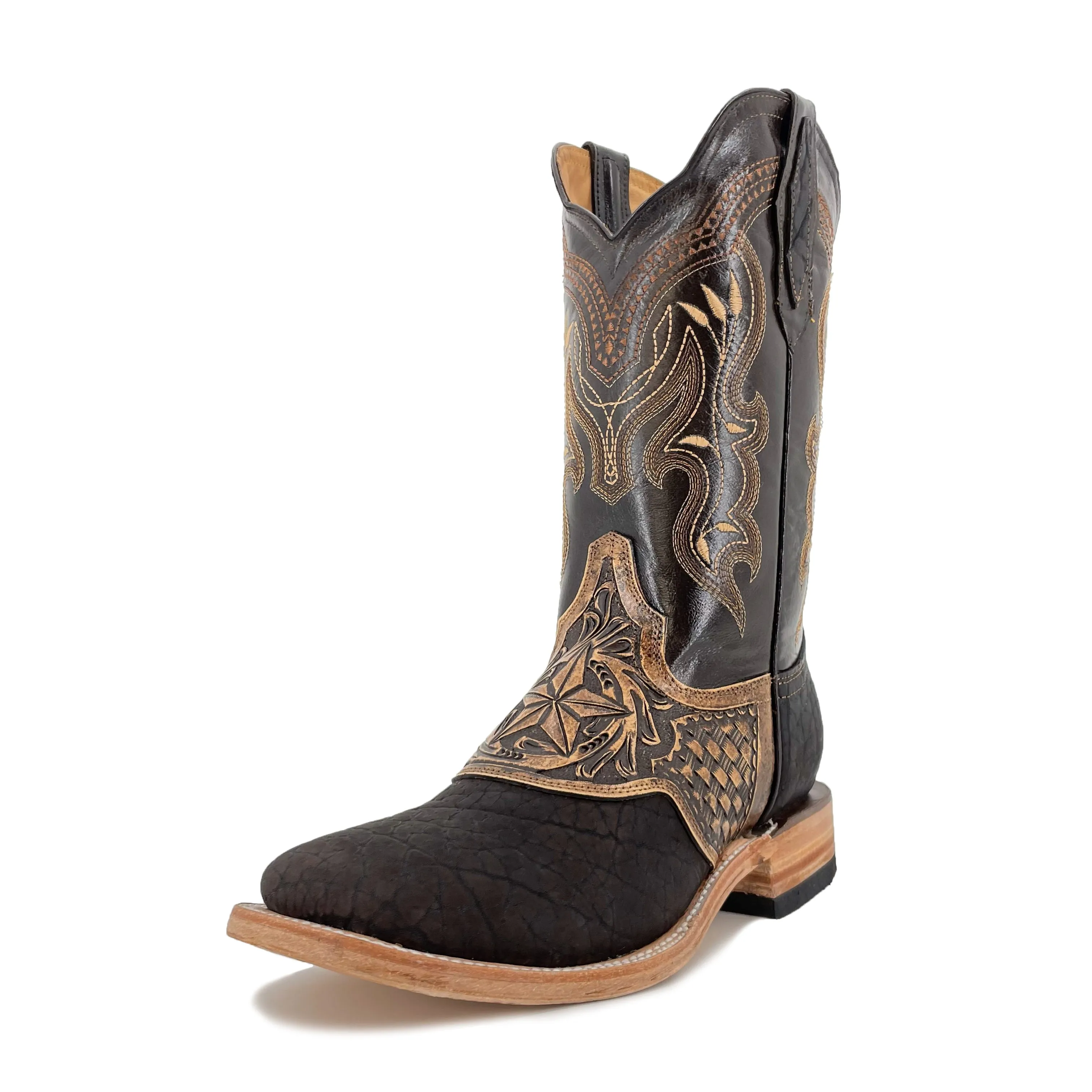 Men's Boots Hand Tooled Square Toe - Bull Neck Brown
