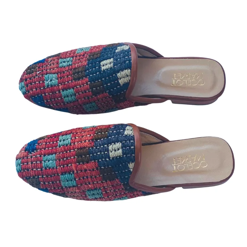 Men's Turkish Kilim Mule 9 - Red, Blue, Brown