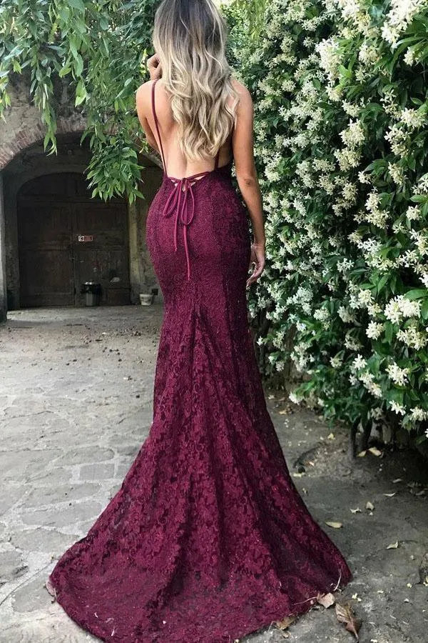Mermaid Deep V-Neck Sweep Train Burgundy Lace Sleeveless Prom Dress  PSK210