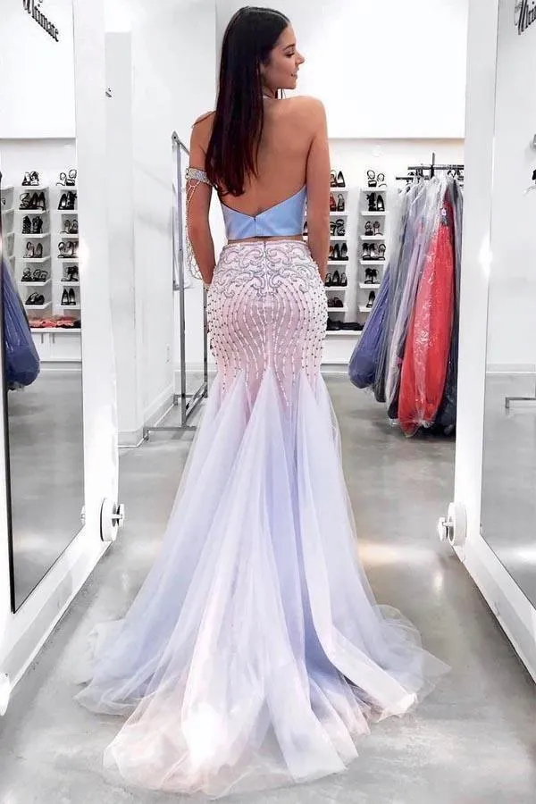 Mermaid Two Piece Beading Sky Blue Long Prom/Evening Dress PG854