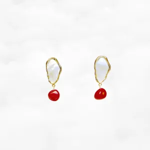 Mother Pearl and Red Coral Cluster Earrings Gold