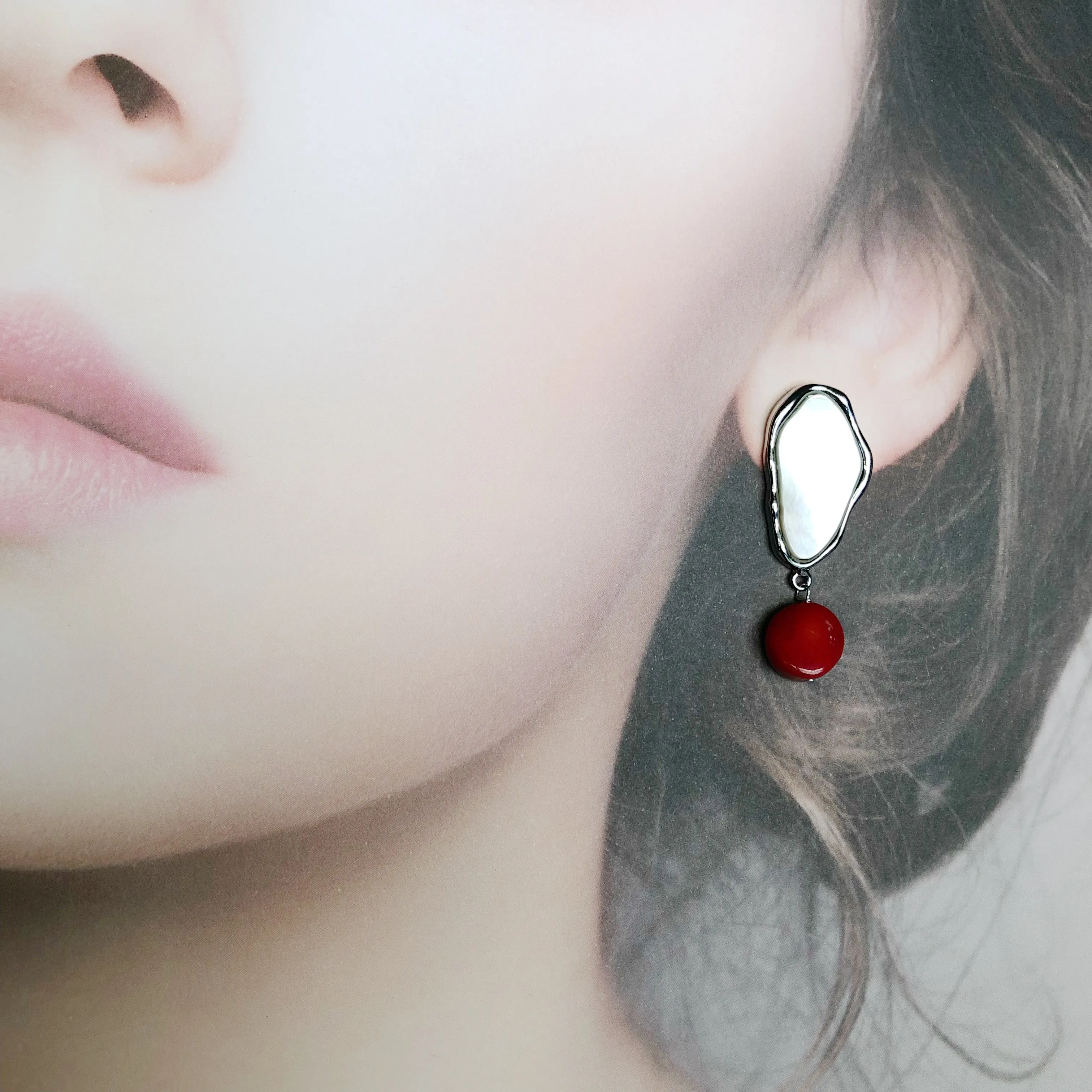 Mother Pearl and Red Coral Cluster Earrings Gold