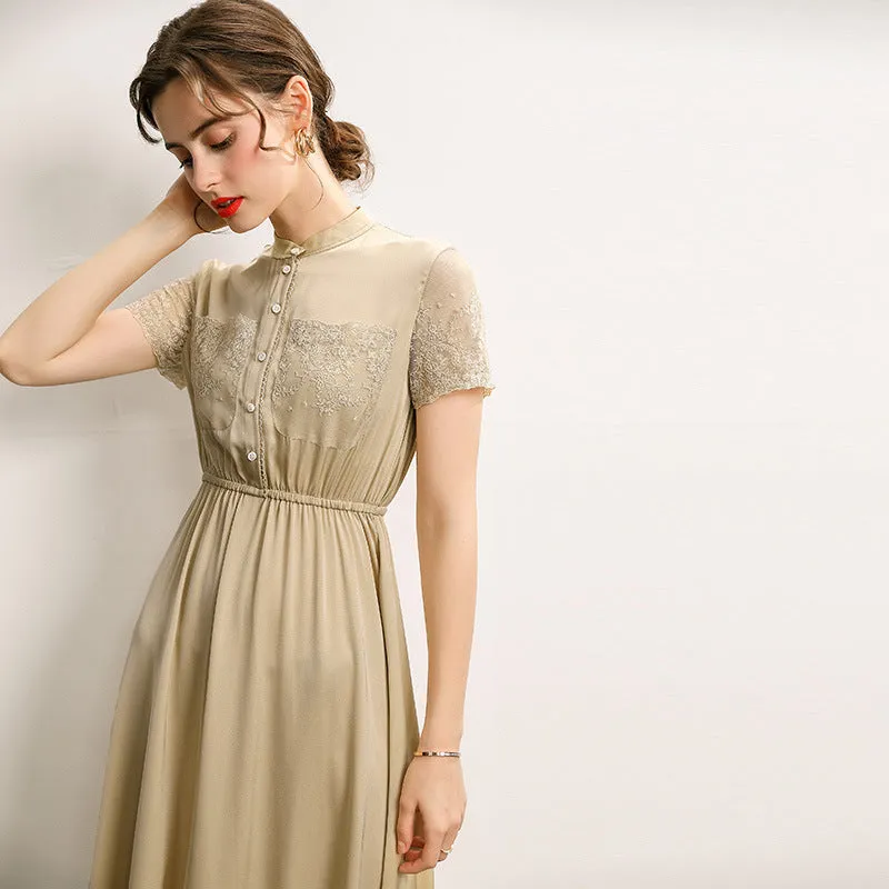 Mulberry Silk Dress Stitching Lace Stand Collar Short Sleeve Mid Length Dress