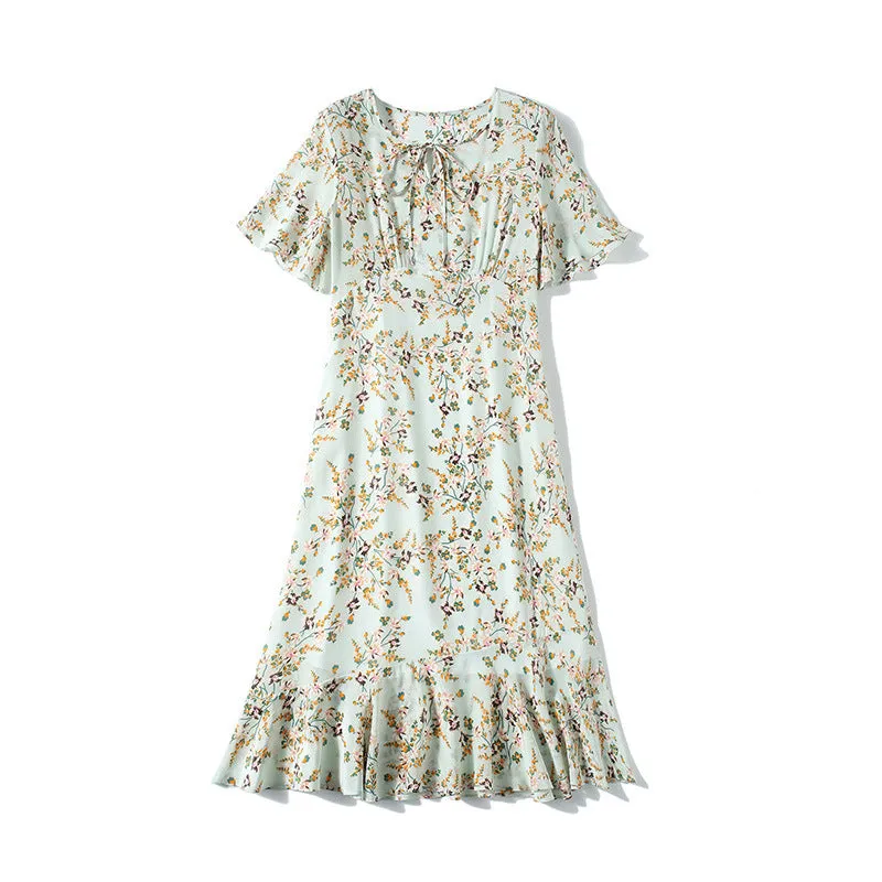 Mulberry Silk High-end Printed Short-sleeved Dress Slim Waist Mid-length Dress