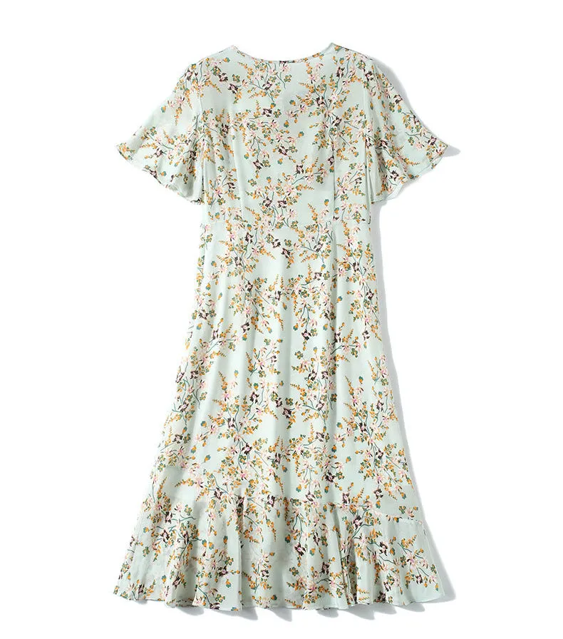 Mulberry Silk High-end Printed Short-sleeved Dress Slim Waist Mid-length Dress