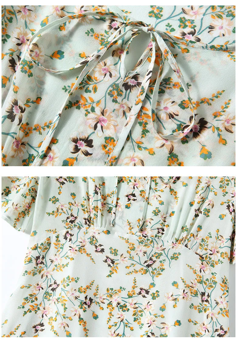 Mulberry Silk High-end Printed Short-sleeved Dress Slim Waist Mid-length Dress