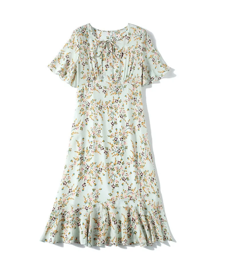 Mulberry Silk High-end Printed Short-sleeved Dress Slim Waist Mid-length Dress