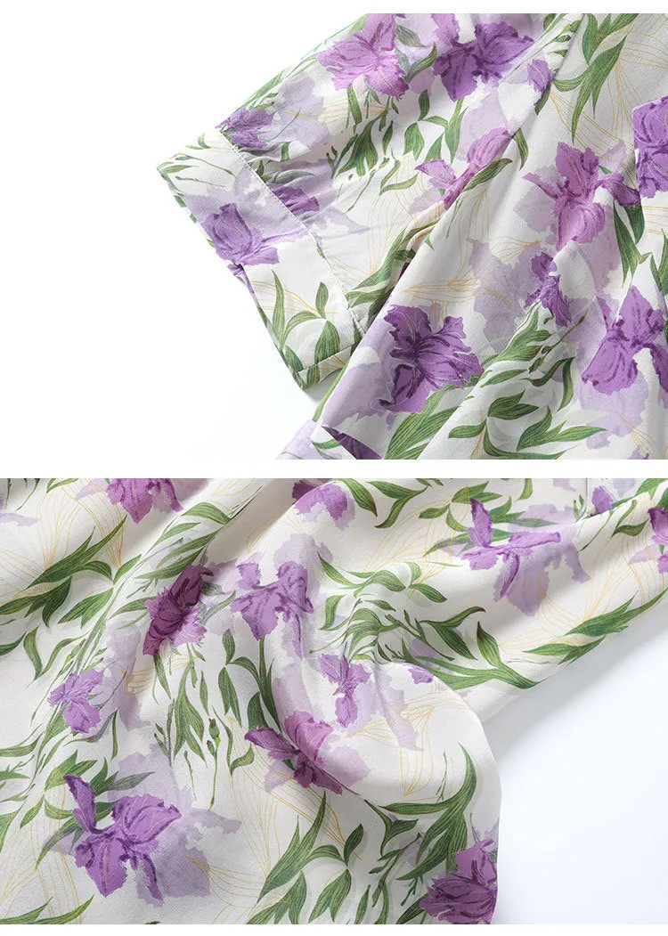 Mulberry Silk Mid-length French Dress Summer Waist Short-sleeved Printed Dress