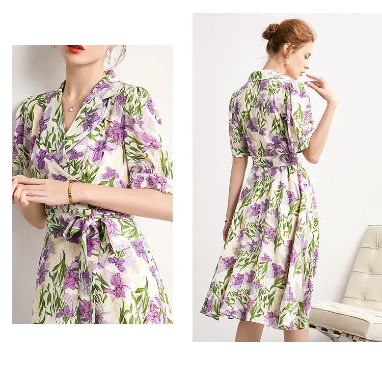 Mulberry Silk Mid-length French Dress Summer Waist Short-sleeved Printed Dress