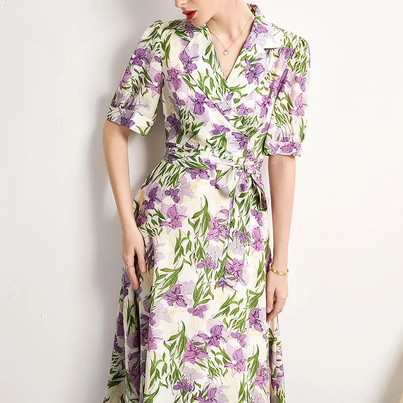 Mulberry Silk Mid-length French Dress Summer Waist Short-sleeved Printed Dress
