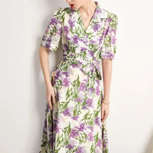 Mulberry Silk Mid-length French Dress Summer Waist Short-sleeved Printed Dress