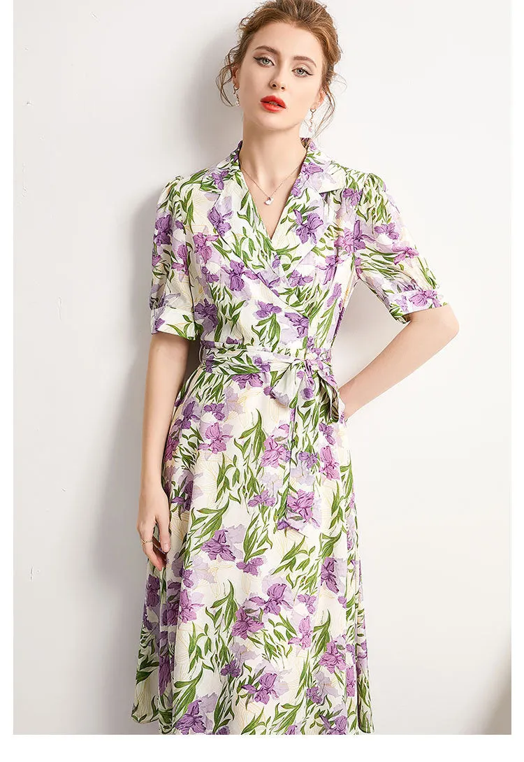 Mulberry Silk Mid-length French Dress Summer Waist Short-sleeved Printed Dress