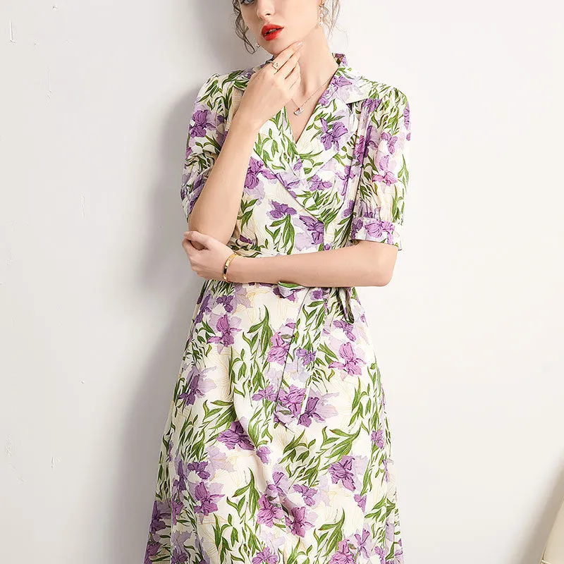 Mulberry Silk Mid-length French Dress Summer Waist Short-sleeved Printed Dress