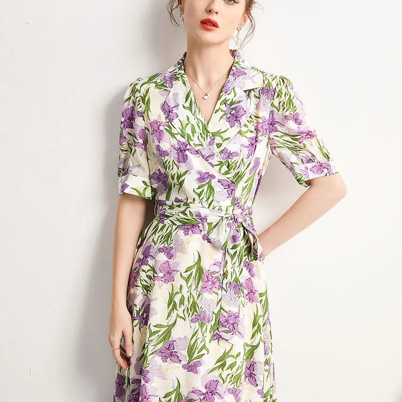 Mulberry Silk Mid-length French Dress Summer Waist Short-sleeved Printed Dress