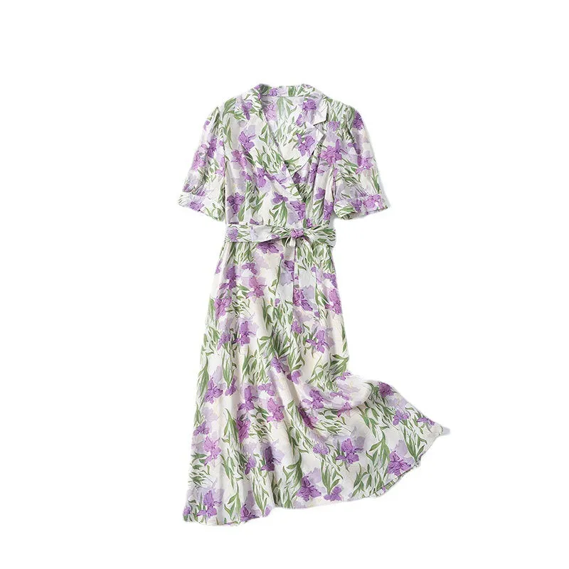 Mulberry Silk Mid-length French Dress Summer Waist Short-sleeved Printed Dress