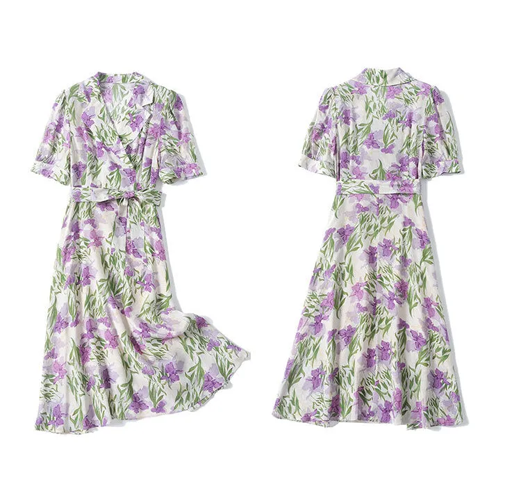Mulberry Silk Mid-length French Dress Summer Waist Short-sleeved Printed Dress