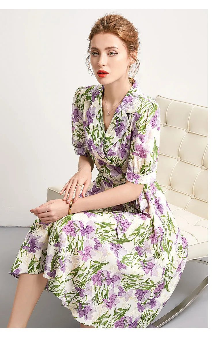 Mulberry Silk Mid-length French Dress Summer Waist Short-sleeved Printed Dress