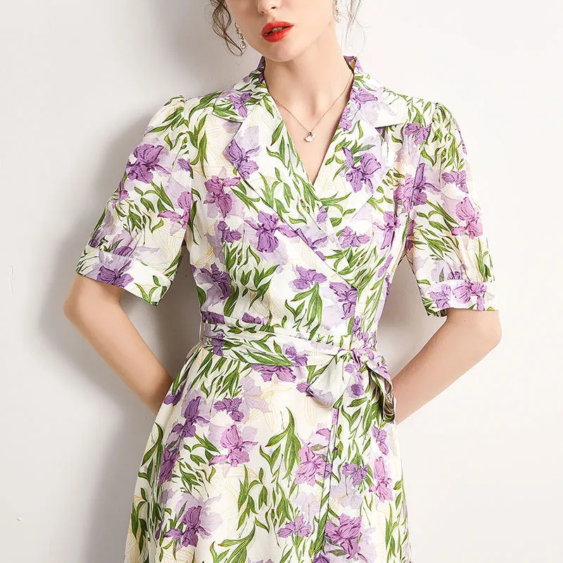 Mulberry Silk Mid-length French Dress Summer Waist Short-sleeved Printed Dress