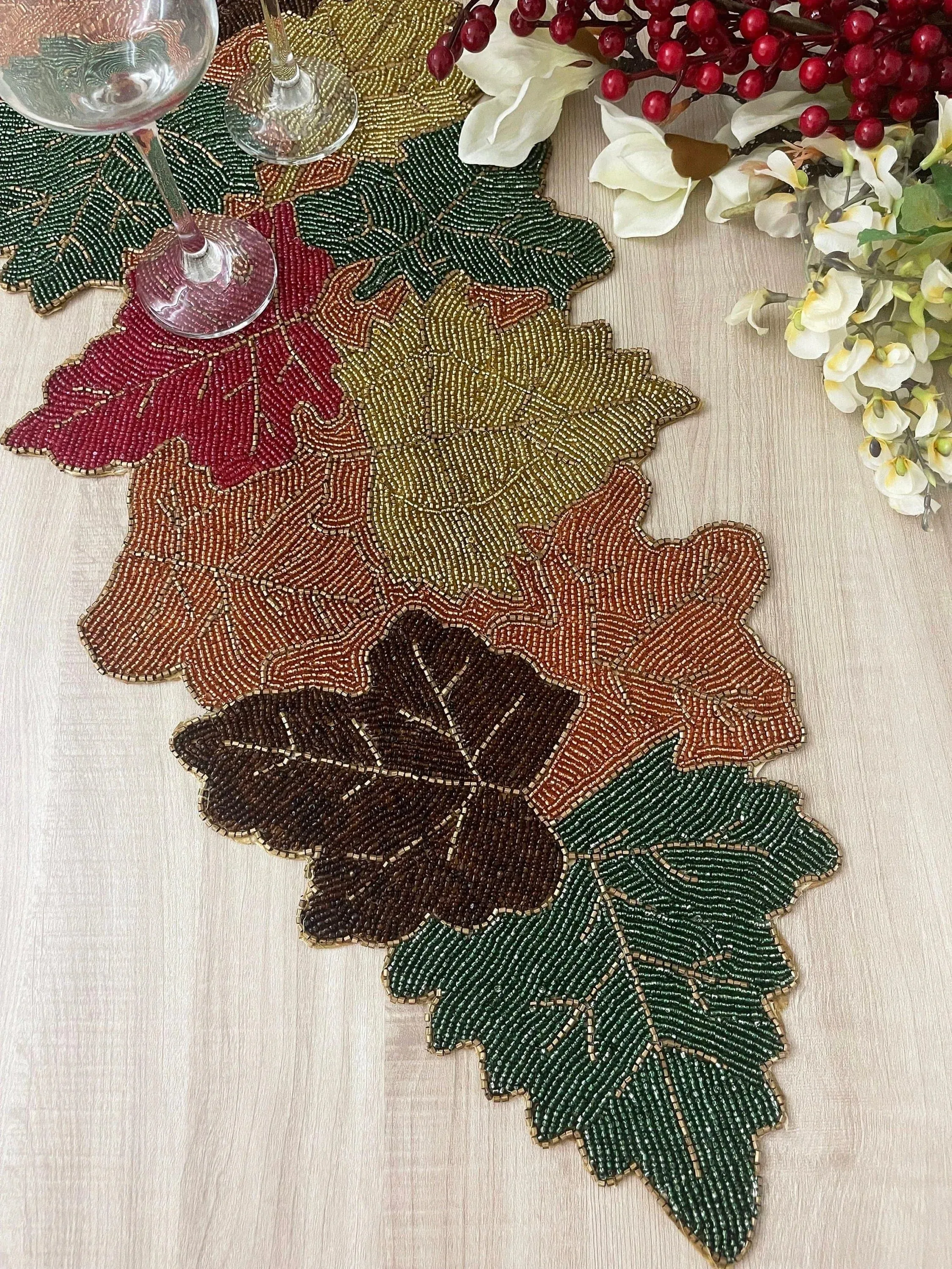 Multi-colored Maple Leaf Beaded Table Runner