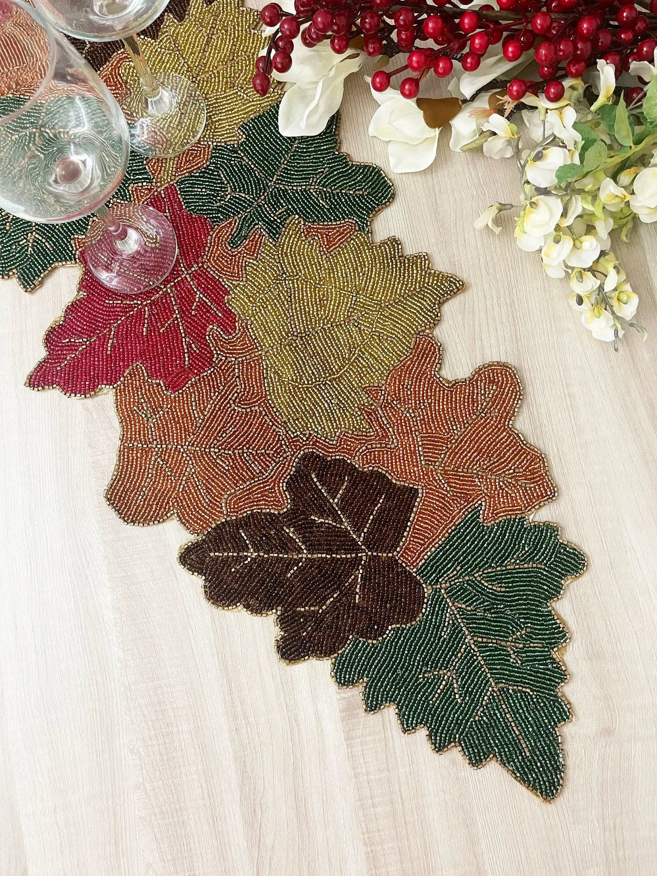 Multi-colored Maple Leaf Beaded Table Runner