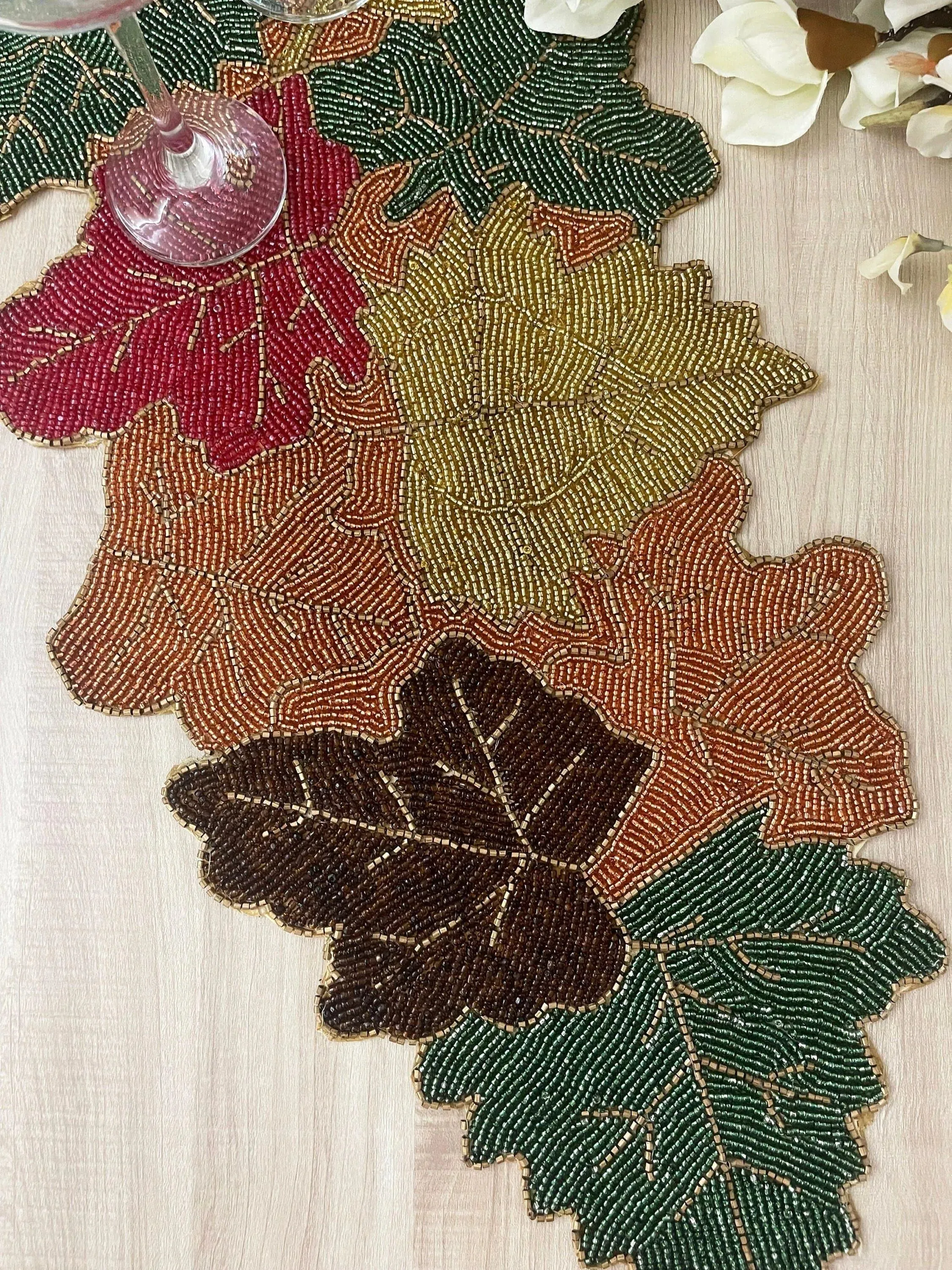 Multi-colored Maple Leaf Beaded Table Runner