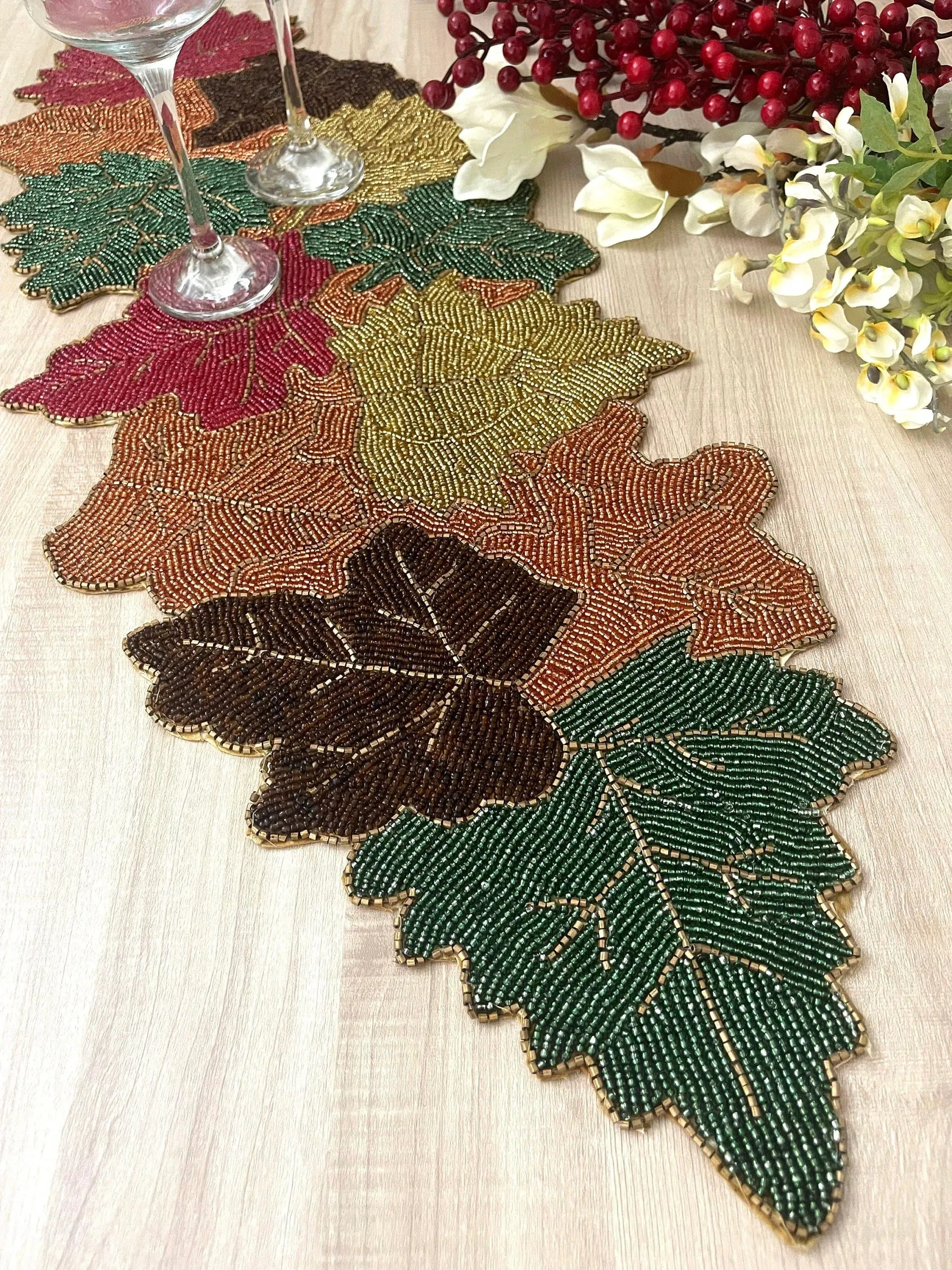 Multi-colored Maple Leaf Beaded Table Runner