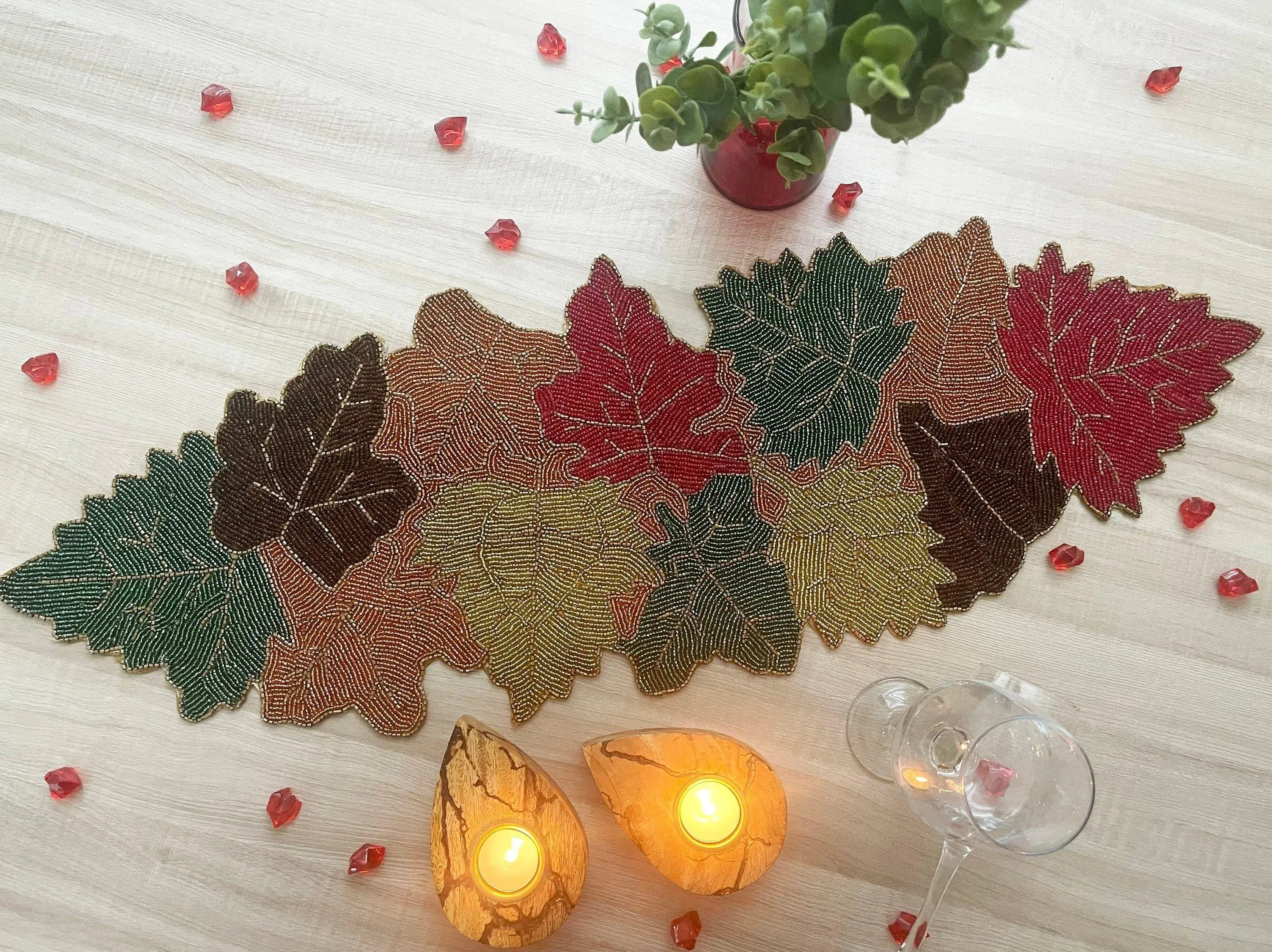 Multi-colored Maple Leaf Beaded Table Runner