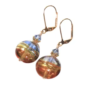 Murano Glass Topaz Blue Disc Gold Earrings by JKC Murano