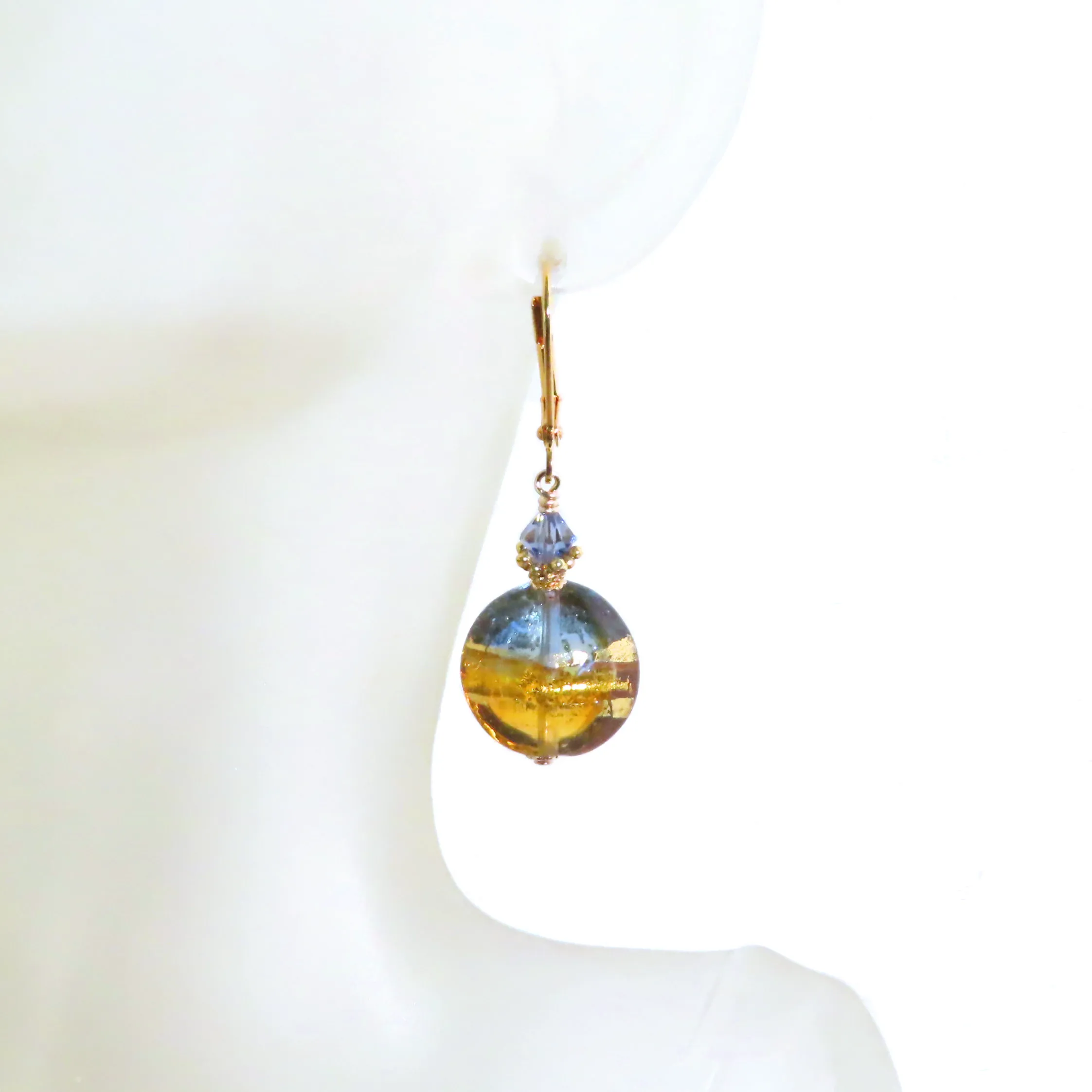 Murano Glass Topaz Blue Disc Gold Earrings by JKC Murano