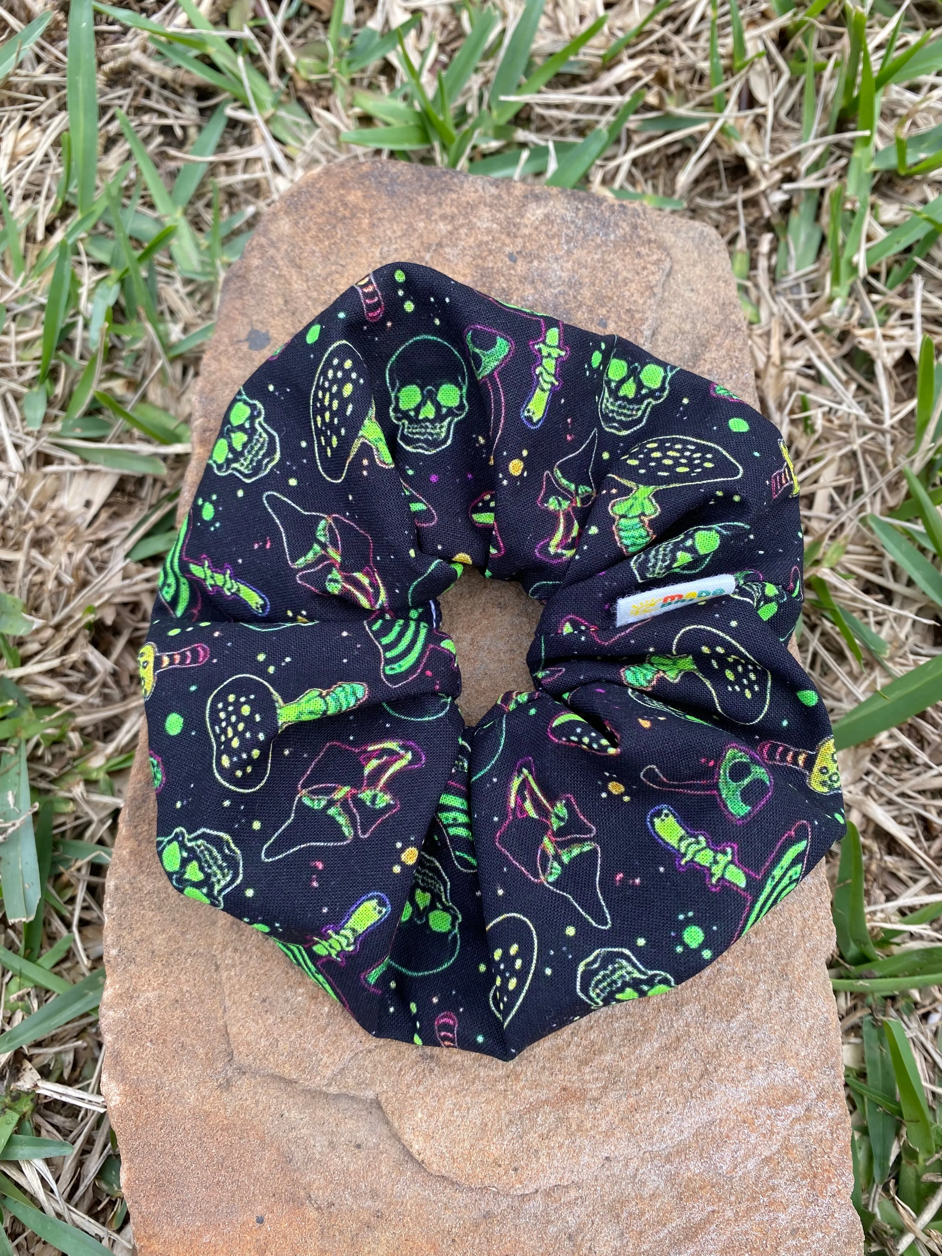 Mystical Mushroom Halloween Scrunchie: Skull Skeleton Bones Design for Women & Girls