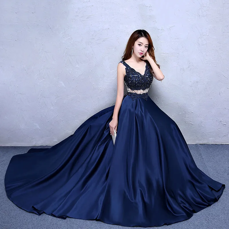 Navy Blue Satin with Lace Beaded Long Junior Prom Dress, Blue Satin Party Dresses