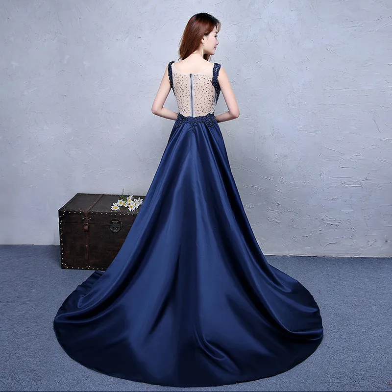 Navy Blue Satin with Lace Beaded Long Junior Prom Dress, Blue Satin Party Dresses