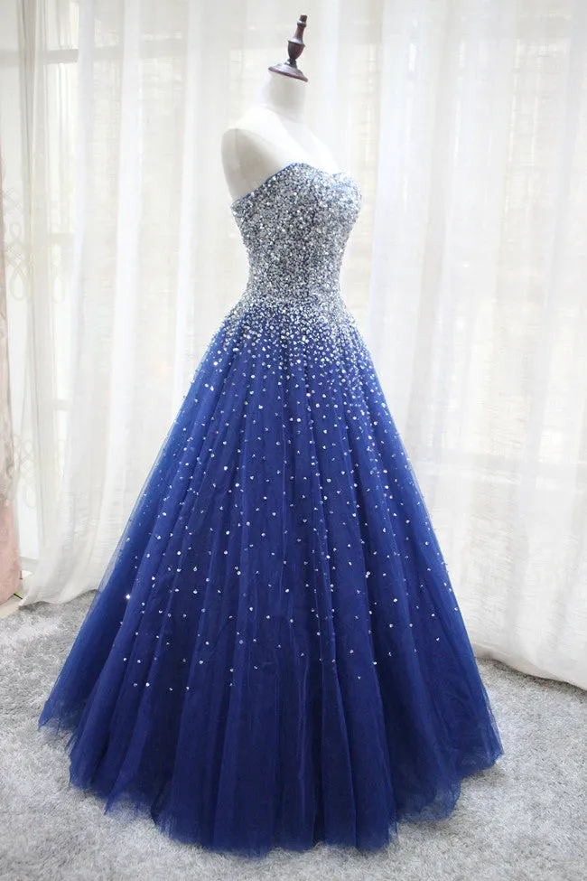 Navy Blue Sparkle Sequins Lace-up Long Formal Gown, Evening Party Gowns