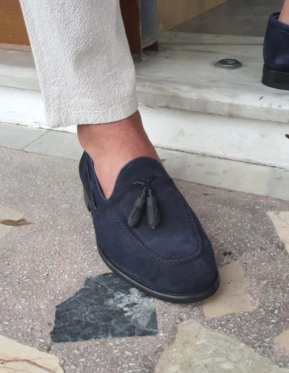Navy Blue Suede Tassel Loafers