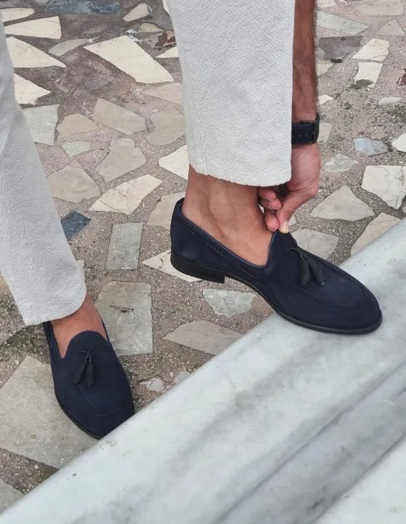 Navy Blue Suede Tassel Loafers