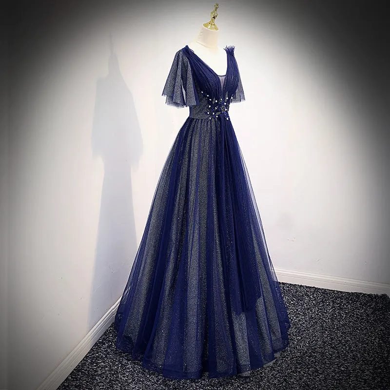 Navy Blue V-neckline Long Tulle Party Dress with Sleeves, Blue Bridesmaid Dresses Party Dress