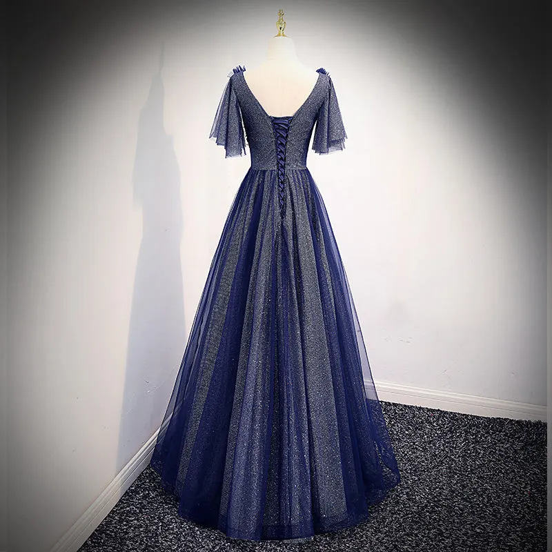 Navy Blue V-neckline Long Tulle Party Dress with Sleeves, Blue Bridesmaid Dresses Party Dress
