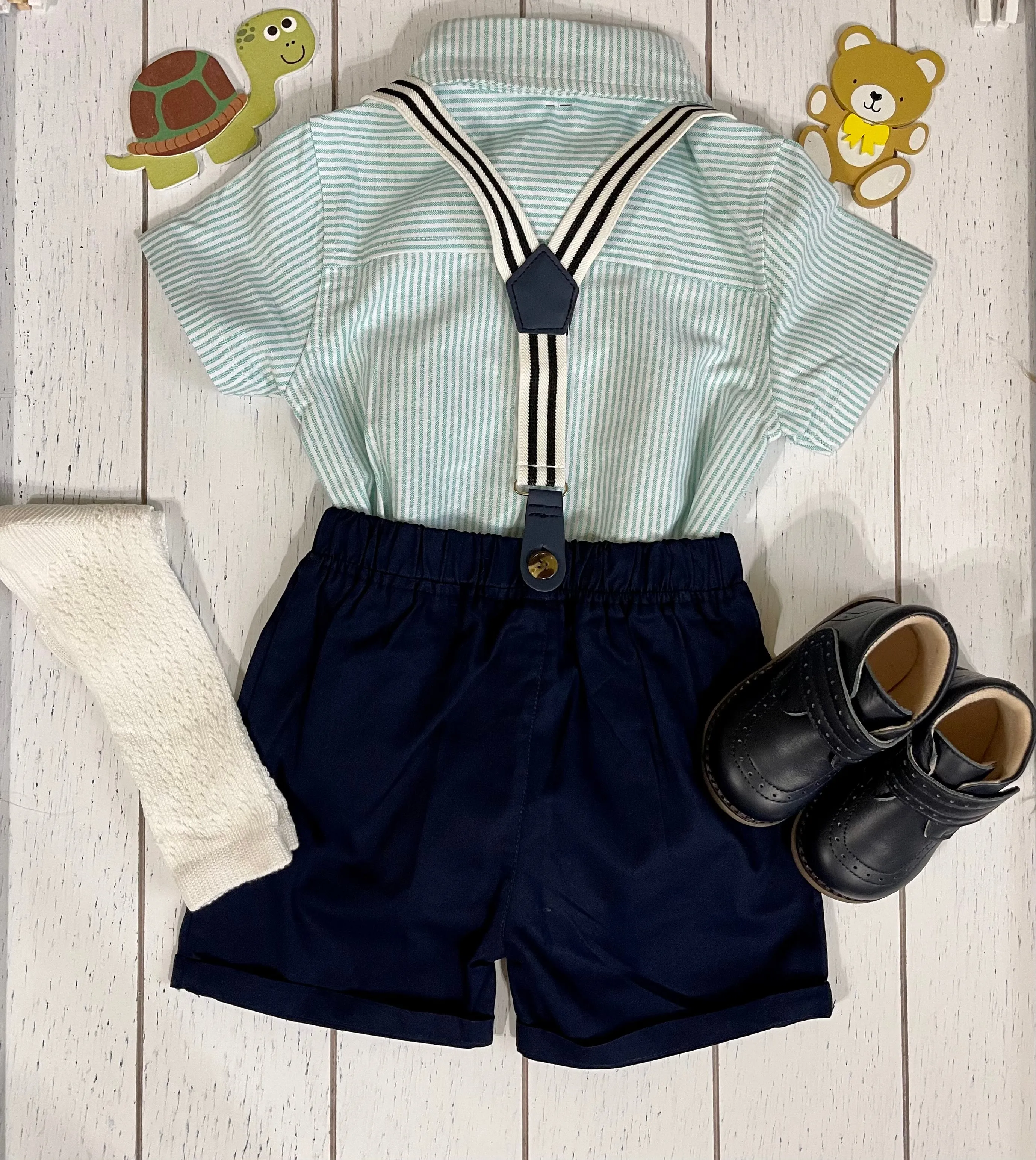 Navy Shorts, Bowtie & Mint striped Shirt Boy Outfit Set