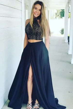 Navy Two Piece A-line Lace Bodice Long Prom Dresses with Side Split, M183