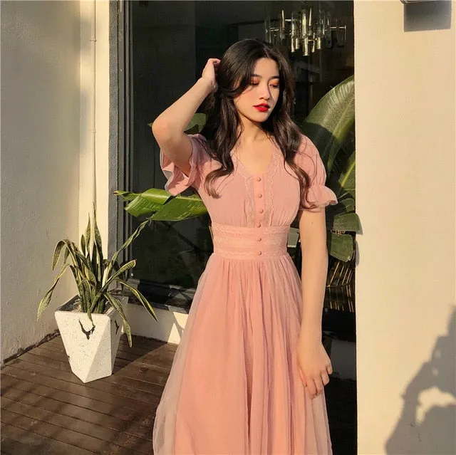 New Summer Mesh Dress Female V-neck