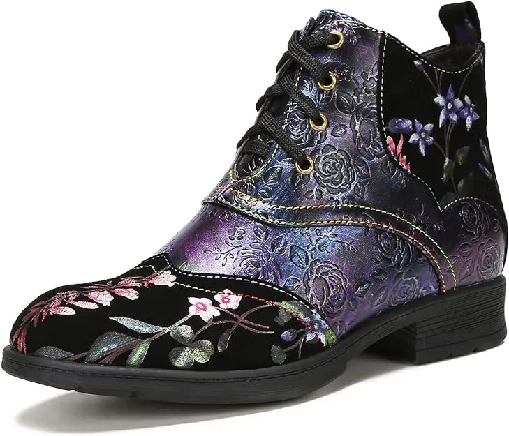 NEW Superladystar's Genuine Leather Embossed Comfy women's Ankle Boots, Low Heel, Hand-painted, Retro Ethnic Style, Purple, Sz 7, Retails $120