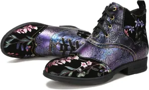 NEW Superladystar's Genuine Leather Embossed Comfy women's Ankle Boots, Low Heel, Hand-painted, Retro Ethnic Style, Purple, Sz 7, Retails $120